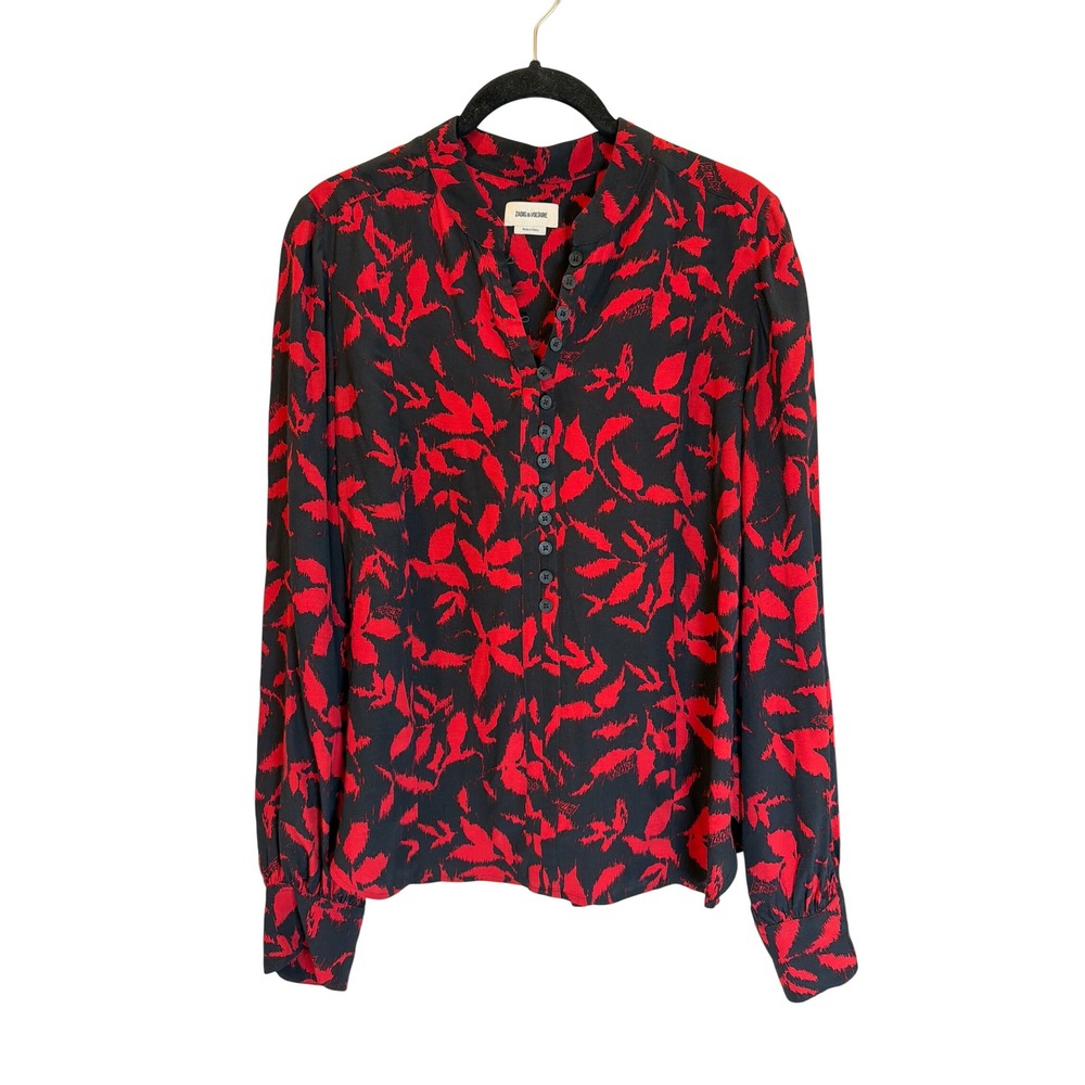 Zadig &‎ Voltaire Twina Soft Ikat Blouse Red Black Leaf Print Button Top M